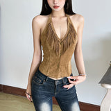 2025 Summer New Solid Color Sexy Hanging Neck Single Buckle Body Open-Enavel Vest Woman 68HZ