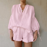 Fashion Cotton Hemp Solid Color Loose V-Neck Lantern Sleeve Shorts Two Sets Of Summer Sexy Tie High-Waisted Suit 68HZ
