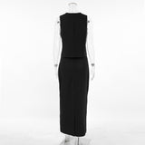 Temperament Black Mystery V-Neck Sleeveless Vest Long Open Skirt Set Summer Sexy Casual Commuter Women's Clothing 68HZ