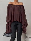 Autumn And Winter Fashion Retro Temperament Collar Brown Chiffon Loose Sexy Side-Leaf Shirt 68HZ