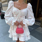 White Clame Cotton Collar Collar Foam Sleeve Love Print High-Waisted Dress 2025 Spring New Dress 68HZ