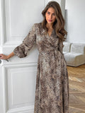 Leopard Print Color-Butt V-Neck Lantern Sleeve A Swing Temperament Dress 2025 Autumn Fashion New Long Dress Woman 68HZ