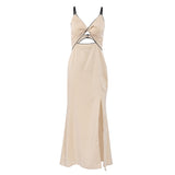 Ins Fashion Sling V-Neck Dress 2025 Hollow Open-Fork Temperament Long Dress Sexy Inside Women's Clothing 68HZ