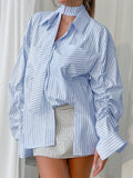 Vintage Blue Striped Shirt Women Feel Irregularly Folded Long Sleeve Elegant Ribbon Decoration New Open Shirt 68HZ