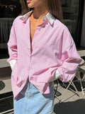 High-End Feeling With Color Stripes Loose Lady Casual Shirt Autumn And Winter Street Style Long-Sleeved Top 68HZ