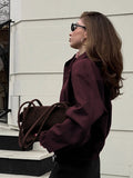 2025 Autumn Wine Red Collar Long-Sleeved Coat Women Slimming Trend High Street Leather Jacket 68HZ