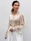French Champagne Chiffon Lantern Sleeve Temperament Shirt Autumn 2025 New High-End Blouse Woman 68HZ