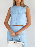 Summer Fashion Round Collar Sexy Sleeveless Vest Mid-Rise Open Skirt Two Sets Of Solid Cotton Women's Clothing 68HZ