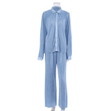 Autumn/Winter 2025 New Long-Sleeved Lap Folding Shirt Women's Broad-Legged Drag Feeling Wrinkled Trouser Set Solid Color 68HZ
