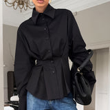 Court-Style White Cotton Shirt Female High-End Luxury Folding Waist Long-Sleeved Collar Shirt 68HZ