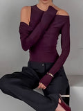 Hottie Slanted Shoulders Hollow Long-Sleeved Irregular T-Shirt Autumn Women's High-End Pure Desire To Repair The Temperament Top 68HZ