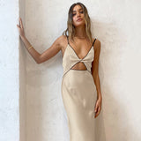 Ins Fashion Sling V-Neck Dress 2025 Hollow Open-Fork Temperament Long Dress Sexy Inside Women's Clothing 68HZ