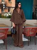 2025 Women's Autumn Suit High-End Full Cotton Lazy Wind V Collar Loose Blouse Broad Leg Pants Two Sets 68HZ