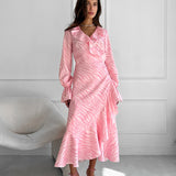 Gentle Wind Pink Temperament Lotus Leaf Side V Collar Sleeve Fishtail Dress Autumn Lace Long Skirt 68HZ