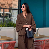 2025 Women's Autumn Suit High-End Full Cotton Lazy Wind V Collar Loose Blouse Broad Leg Pants Two Sets 68HZ