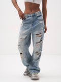 2025 Women's New Retro High Street Straight Trousers To Make Old Hole-In-Tight Street Jeans 68HZ