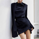 Autumn And Winter New Irregular Tibetan Blue Long-Sleeved Dress Women's High-Grade Three-Dimensional Cut Slimming Bag-Butt Skirt 68HZ