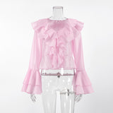 Summer Charm Pink Chiffon Sunscreen Temperament Cascading Lotus Loaf Side V Collar Horn Sleeve Short Lady Shirt 68HZ