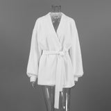 Autumn And Winter Lazy Style White V Collar Long Sleeves With Loose Leisure Long Plush Coat 68HZ