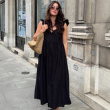 Black Cotton Flying Flying Sleeve Chicken Heart Collar A Casual Dress 2025 Spring And Summer Fashion New Long Dress Woman 68HZ