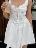 New Buckle Folded Square Collar Sleeveless Ladies Dress Summer Body White Cotton A Skirt 68HZ