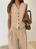 Fashion Solid Cotton Commuting V Collar Vest Trousers Two Sets Of Summer Casual Suit Women 68HZ