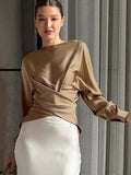 Autumn 2025 New Women's Color-Buttoned Denswear Simulation Silk Elegant Long-Sleeved Top Irregular Wrinkled Shirt 68HZ