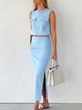 Summer Fashion Round Collar Sexy Sleeveless Vest Mid-Rise Open Skirt Two Sets Of Solid Cotton Women's Clothing 68HZ