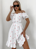 Spring New Love Print Cotton Collar Bubble Sleeve High-Waisted Dress 2025 Fashion Short Dress Woman 68HZ