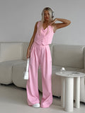Summer Simple Fashion Casual Sleeveless Vest V-Neck Solid Color Loose Broad-Footed Trousers Two-Set Commuting Suit 68HZ