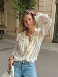 Summer Languid Rice-Colored Round Collar Loose Sexy Lace With Lotus Leaf Blouse French Commuting Simple Shirt Woman 68HZ