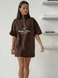 New Chromic Letter Embroidery Short Sleeves Loose Casual Half-Tzip-Up Clip T-Shirt Lady Summer 68HZ