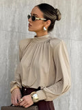 2025 New Blouse Female Summer High-End Pendant Cushioned Shoulder Temperament Elegant Long-Sleeved Simulation Silk Shirt 68HZ