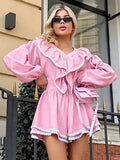 French Cascading Lotus Side-Side Lantern Sleeves Loose Shirt Shorts Set 2025 Autumn And Winter Two Sets 68HZ