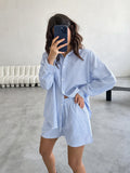 2025 New Blue Striped Cotton Clip Shirt Long Sleeve Hot Pants Set Summer Fashion Women's 68HZ