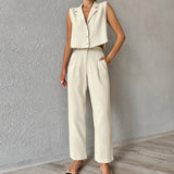 Summer Fashion Casual Set Cotton And Cotton Pure Color Loose Sexy Sleeveless Trousers Simple Two-Set Women 68HZ