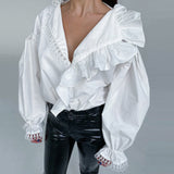 2025 Women's Shirt Sexy Deep V Collar Wood Ear Long Sleeve Temperament Fashion Spliced Lace Shirt 68HZ
