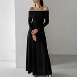 French Grinding Knitted Word-Word Repair Height Waist-Up Dress 2025 Autumn Fashion New Long Dress 68HZ