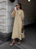 2025 French-Cooked Beige Cotton Foam Sleeve Dress Women's Summer Loose Back Loose V-Neck Shirt Skirt 68HZ