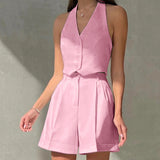 Spring And Summer New Commuting Style Sleeveless V-Neck Hanging Neck Hot Pants Set 2025 Fashion Two Sets 68HZ