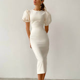 2025 Summer New Round-Neck Short-Sleeved Temperament Commuting Height Waist Bubble Sleeve Dress Women's Bag And Hip Dress 68HZ