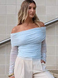 Sky Blue Repair Elastic Collar Collar T-Shirt 2025 Spring And Summer Fashion New Top 68HZ