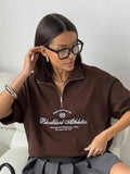 New Chromic Letter Embroidery Short Sleeves Loose Casual Half-Tzip-Up Clip T-Shirt Lady Summer 68HZ
