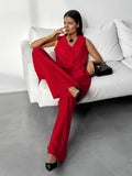 Summer Simple Fashion Casual Sleeveless Vest V-Neck Solid Color Loose Broad-Footed Trousers Two-Set Commuting Suit 68HZ