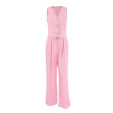Summer Simple Fashion Casual Sleeveless Vest V-Neck Solid Color Loose Broad-Footed Trousers Two-Set Commuting Suit 68HZ