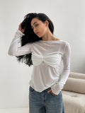 Autumn And Winter Leisure Temperament With A Little Transparent Sexy Knitted Round Collar Long-Sleeved Commuting T-Shirt White 68HZ