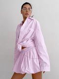 Pink Striped Cardigan Long-Sleeved Shirt Top Loose Folded Skirt Two Sets Of Summer Comfortable Fresh Suit Woman 68HZ