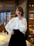 Autumn/Winter 2025 White Leisure Temperament Relaxed Small Standing Lantern Sleeves 100 Folded Commuter Style Women's Shirt 68HZ