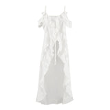 White Chiffon V-Necked Leaf Sided Shoulder Sling Dress 2025 Summer Fashion New Long Dress 68HZ