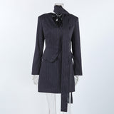 Autumn And Winter Retro Tibetan Blue Stripes V To Receive Waist Small Suit Top Short A-Dress Women's Fashion Casual Two-Piece 68HZ